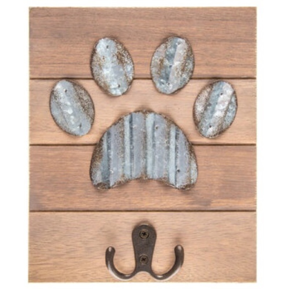 Galvanized Paw Cutout Wood Wall Decor With Hooks